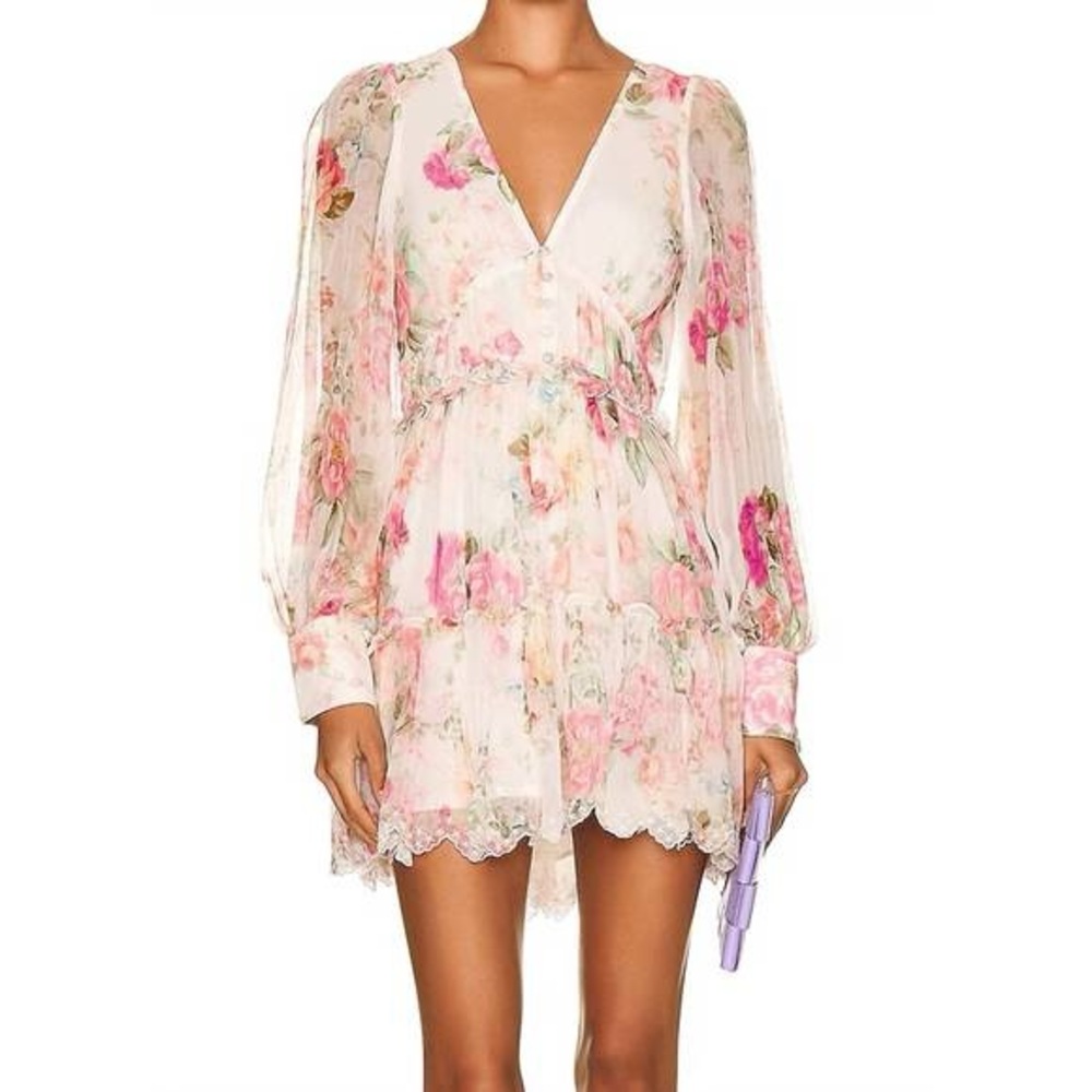 HEMANT & NANDITA Pink Floral V-Neck Tiered Mini Dress
